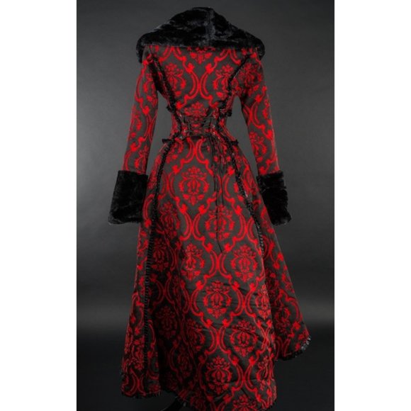 New Heavy Brocade High Low Coat Queen Royal Princess Renaissance Medieval Red - Picture 2 of 8
